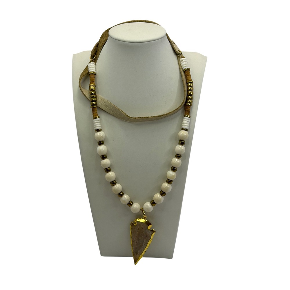Bo Teak Gold Arrowhead Pendant Leather Beaded Necklace Cream Tan Southwestern